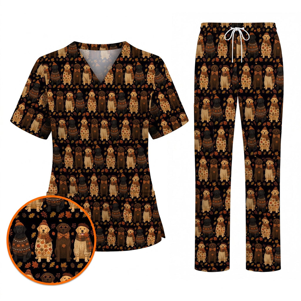Autumn Dachshund Scrub Top, Wiener Dog Fall Nursing Uniform for Dog Lovers, Comfortable Scrubs for Nurses