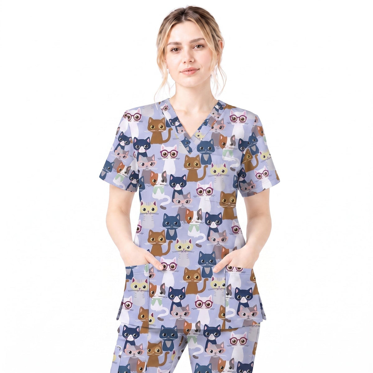 Curious Cat Scrub Top, Cute Cats Scrub Top for Women, Breathable Fabrics Nursing Uniform