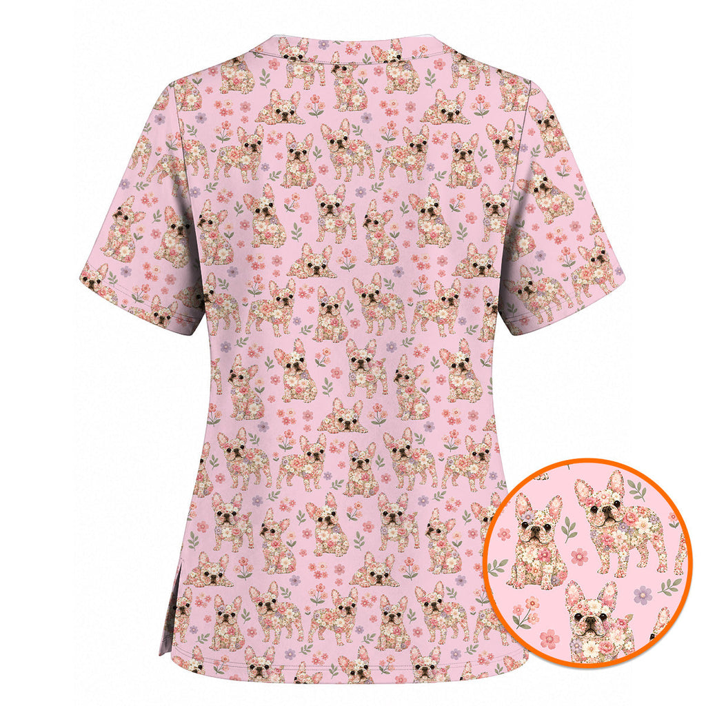 Floral French Bulldog Nurse Scrub Top, Cute Frenchie Flower Pattern Scrubs for Nurses, Dog Lover Healthcare Gift