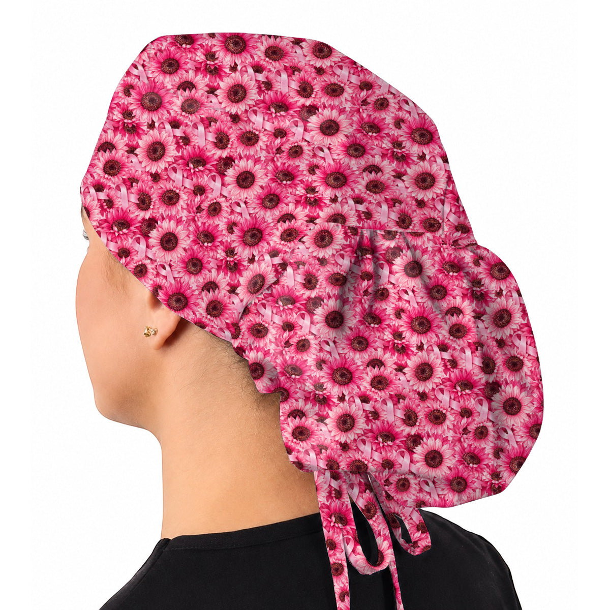 Breast Cancer Awareness Floral Scrub Caps, Pink Ribbon Pattern Nurse Scrubs, Breast Cancer Nursing Cap