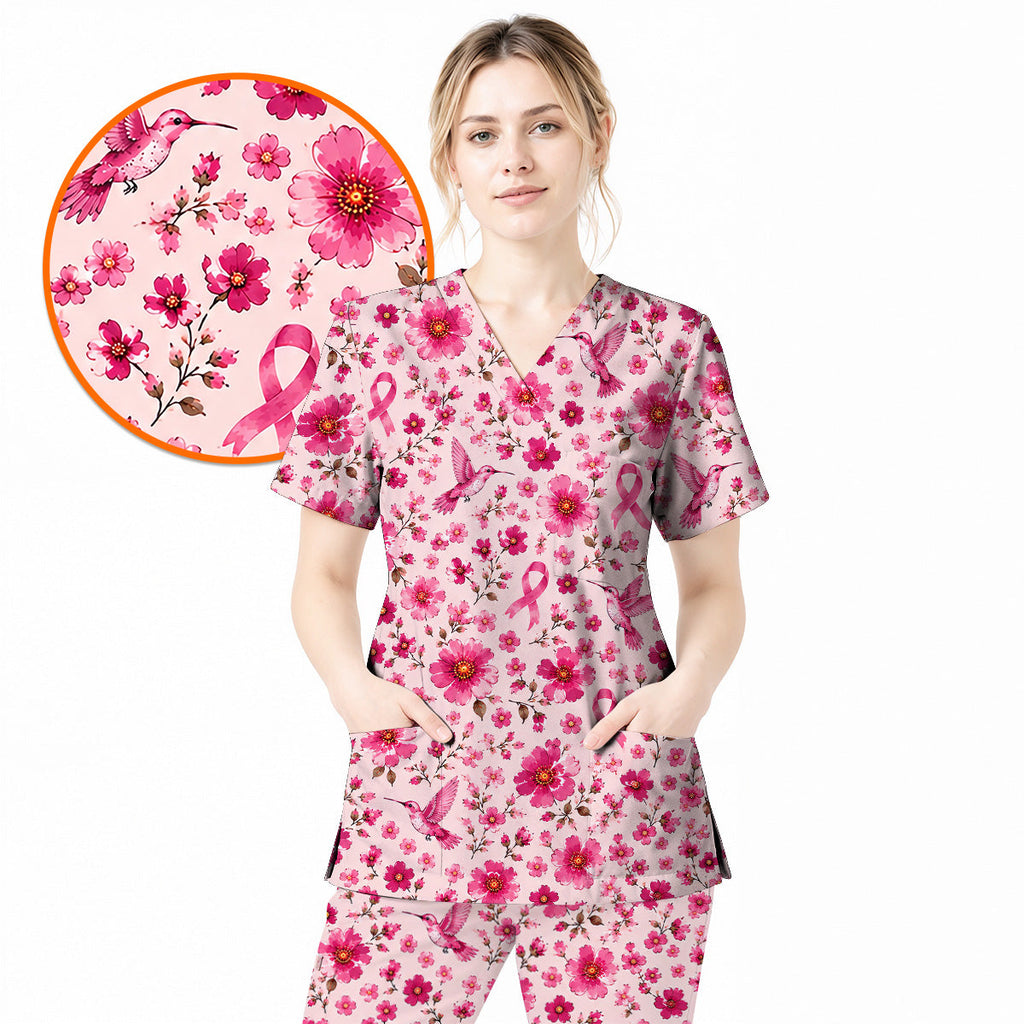 Pink Ribbon Hummingbird Scrub Top, Breast Cancer Awareness Floral Nurse Shirt, Pink Healthcare Uniform