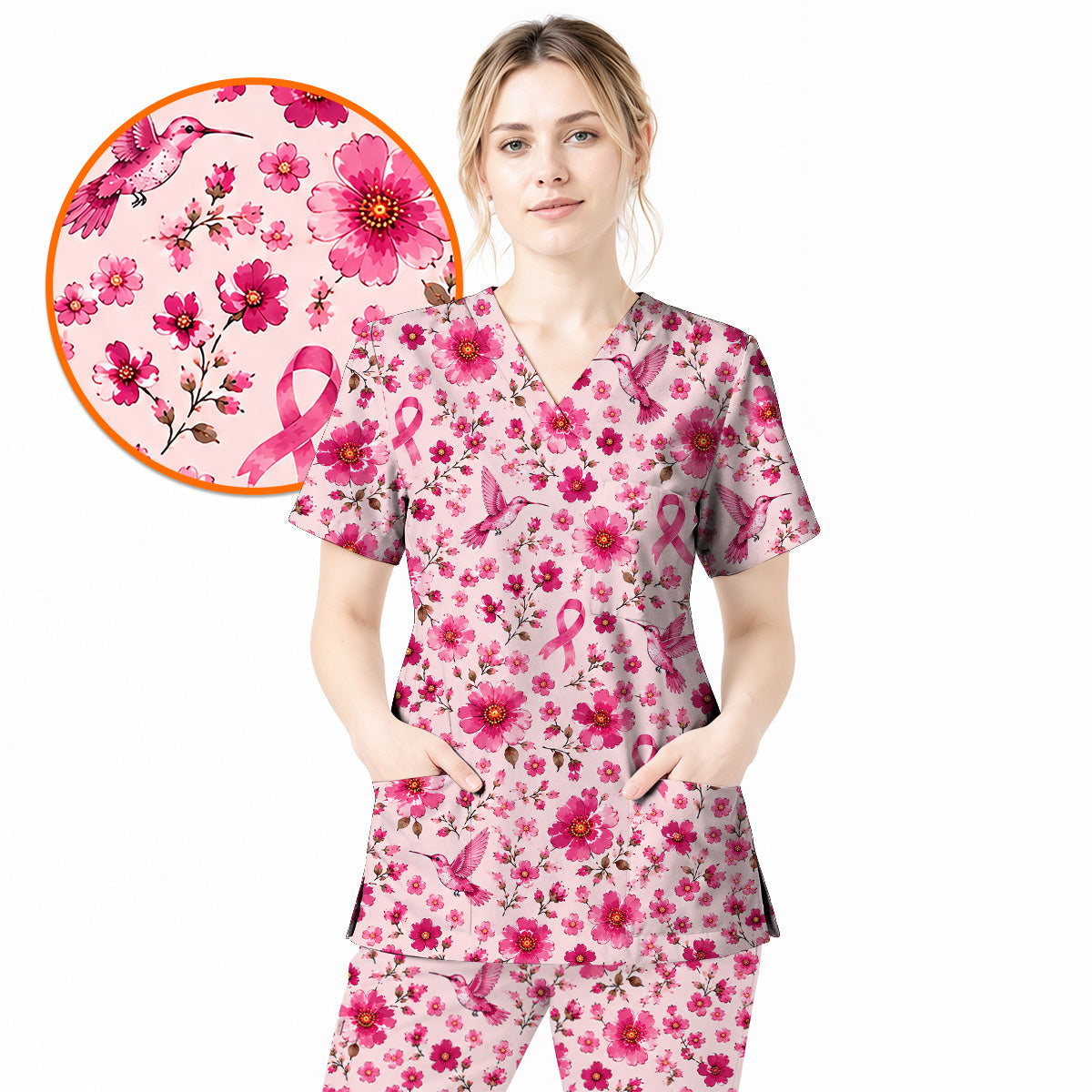 Pink Ribbon Hummingbird Scrub Top, Breast Cancer Awareness Floral Nurse Shirt, Pink Healthcare Uniform