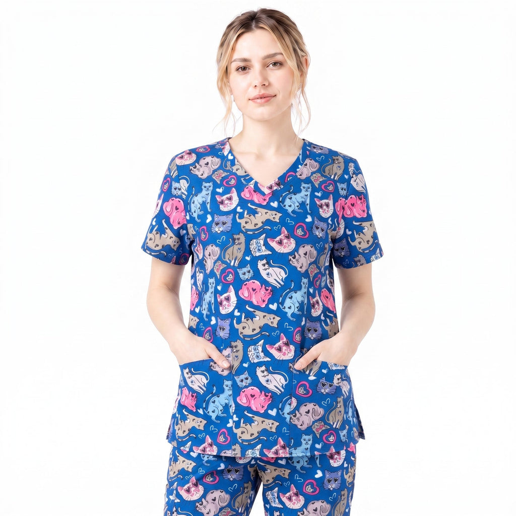 Essence I Love Kitties Scrub Top, Funny Cats Scrub Top for Women, Breathable Fabrics Nursing Uniform