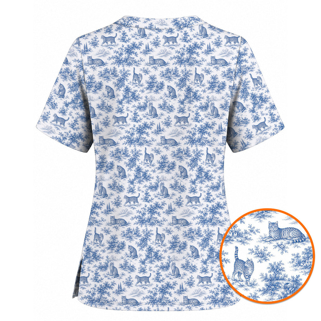 Toile de Jouy Cat Scrub Top, Crazy Cats Pattern Nursing Uniform for Cat Lovers, Vintage Feline Medical Scrubs