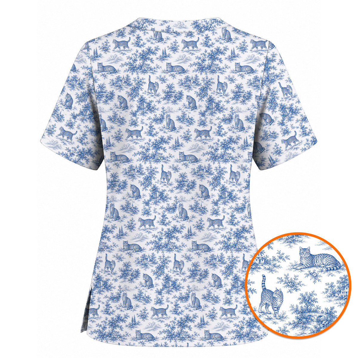 Toile de Jouy Cat Scrub Top, Crazy Cats Pattern Nursing Uniform for Cat Lovers, Vintage Feline Medical Scrubs