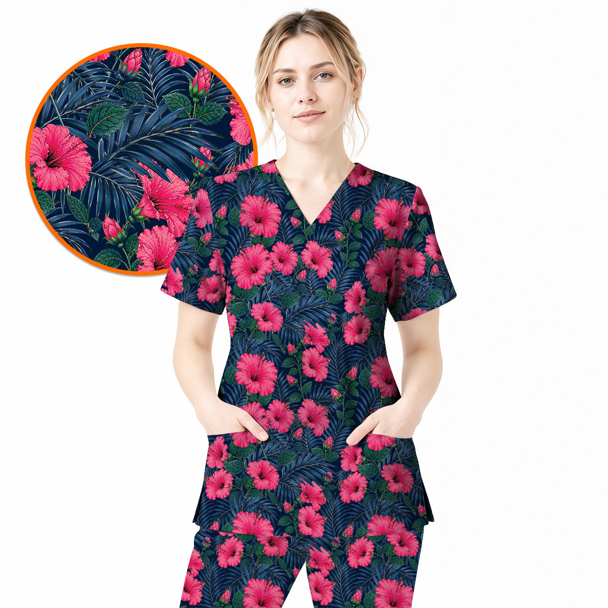 Tropical Hibiscus Scrub Top, Vibrant Hibiscus Floral Nurse Scrubs, Botanical Gift For Nurses