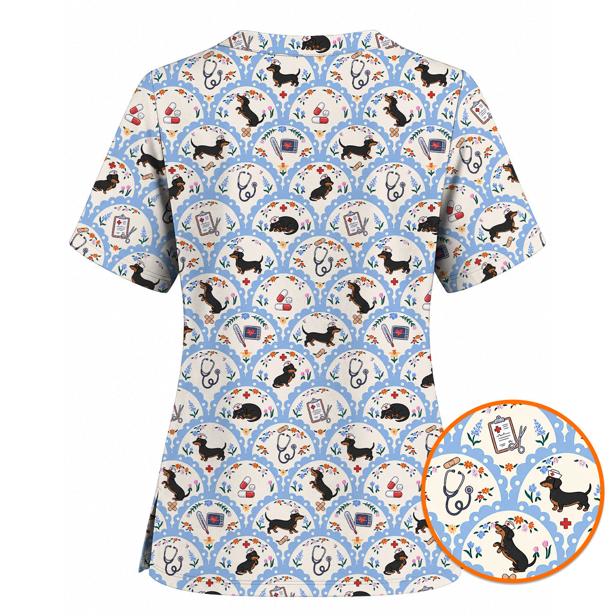 Dachshund Nurse Scrub Top, Wiener Dog Medical Pattern Scrubs for Nurses, Cute Healthcare Uniform for Dog Lovers