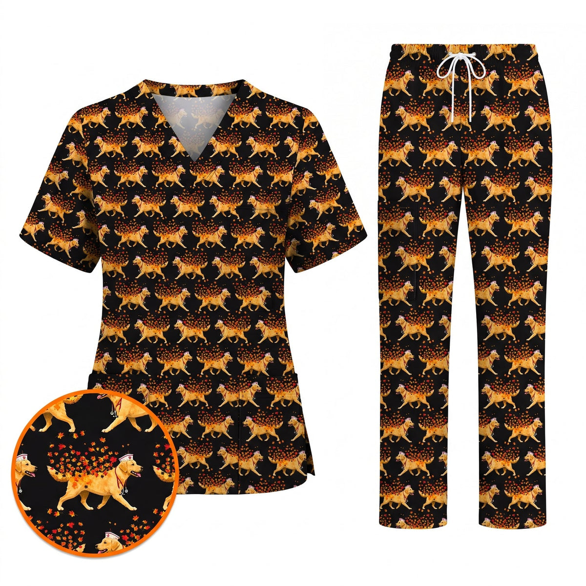 Autumn Labrador Retriever Nurse Scrub Top, Funny Fall Lab Dog Medical Uniform for Veterinary & Healthcare Staff, Comfortable Scrubs for Nurses
