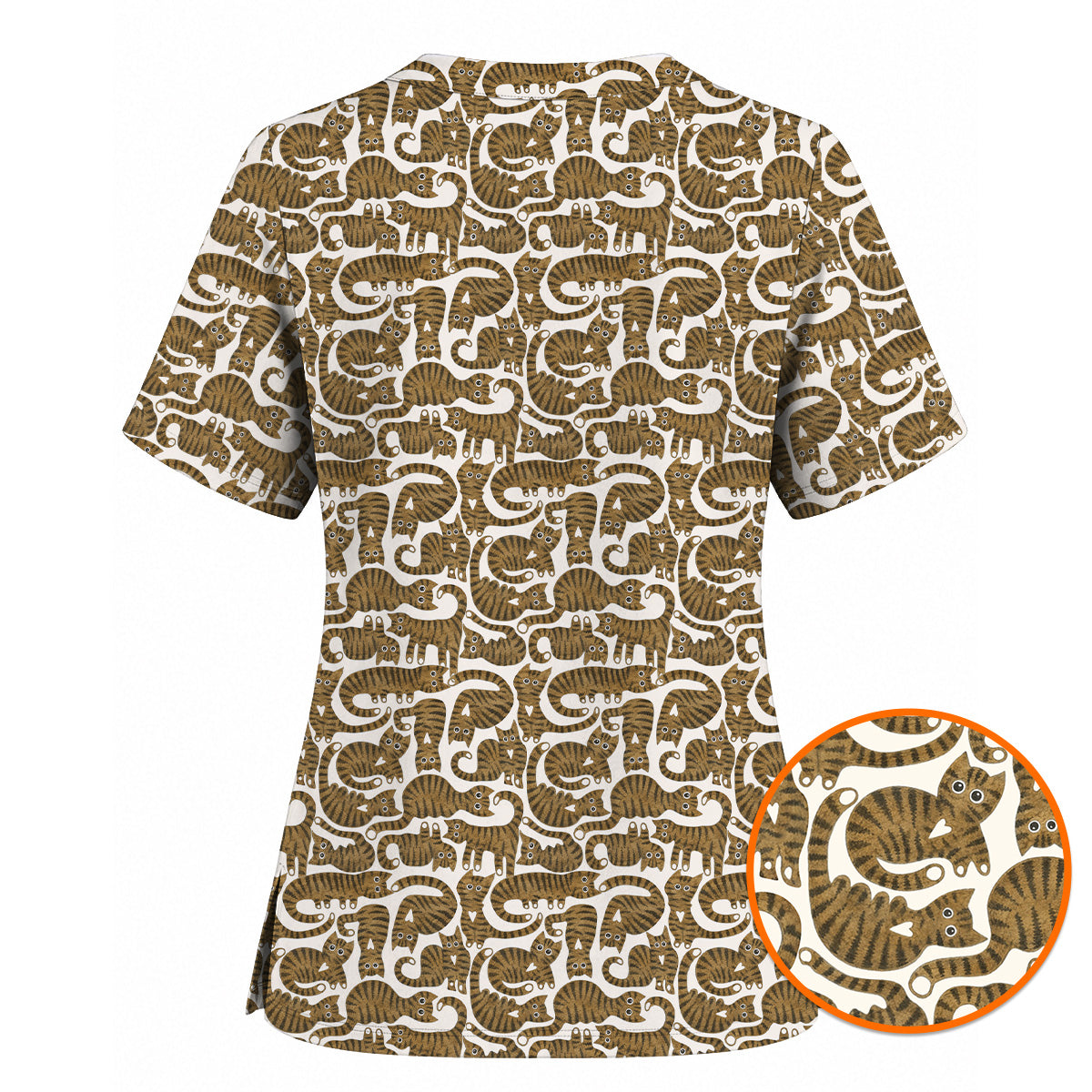 Cute Tabby Cat Pattern Scrub Top, Brown Tabby Cat Nursing Uniform for Cat Lovers, Comfortable Feline Scrubs for Nurses 1