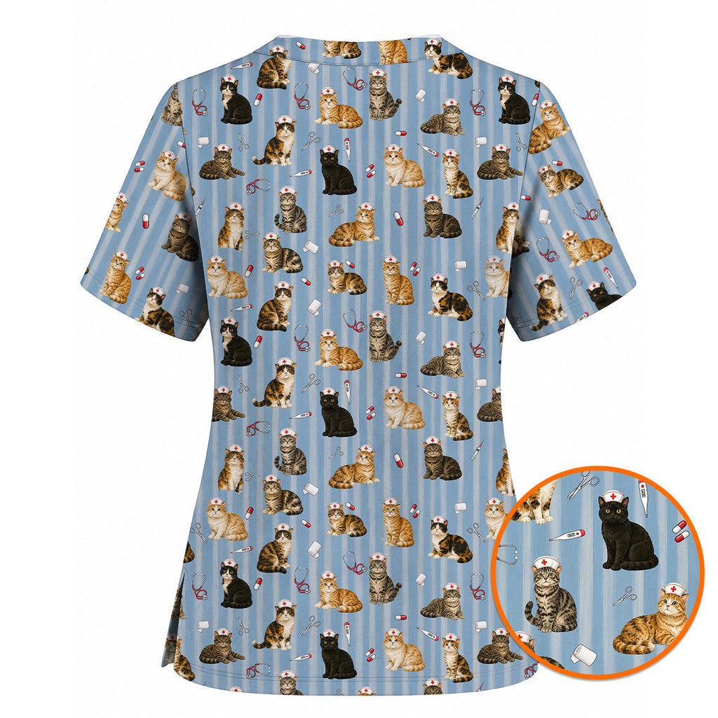 Nurse Cat Scrub Top, Cat Lover Medical Nurse Uniform for Veterinary & Healthcare Workers, Comfortable Feline Nursing Scrubs