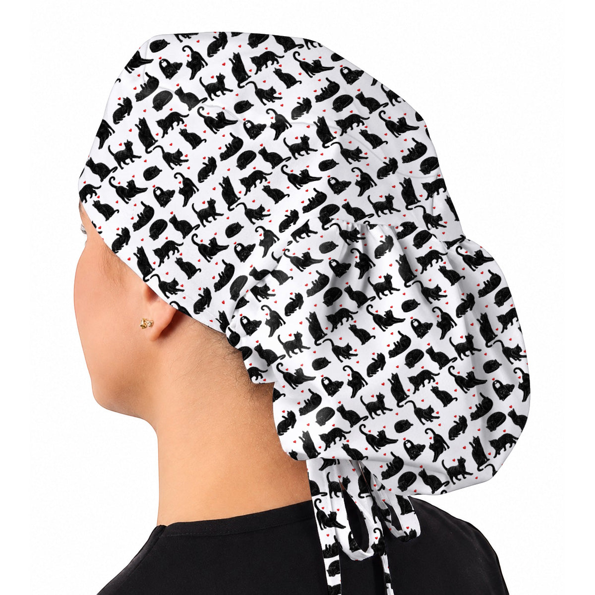 Black Cat Love Scrub Caps, Cute Cat Heart Print Scrubs, Cat Lover Nurse Cap