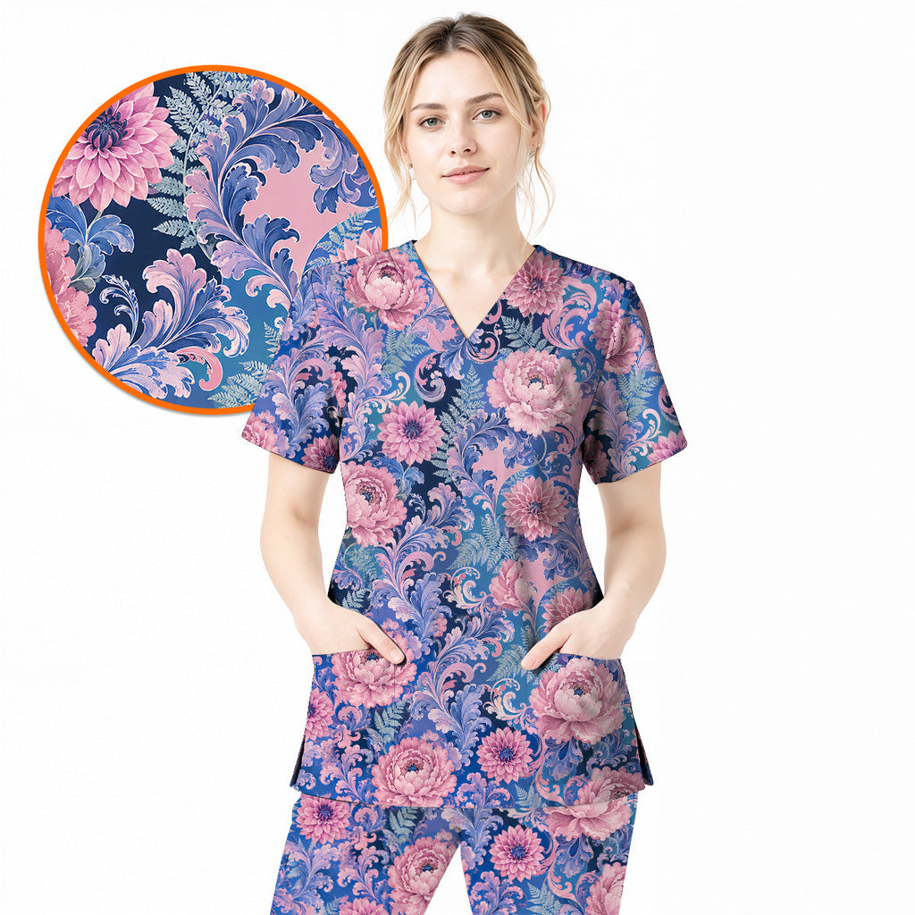 Pink Peony Floral Scrub Top, Elegant Blue Botanical Nurse Shirt, Vintage Floral Healthcare Uniform