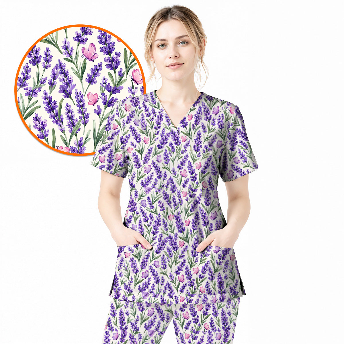 Charming Lavender Scrub Top, Purple Lavender Butterfly Nurse Scrubs Uniform, Botanical Floral Gift For Nurses