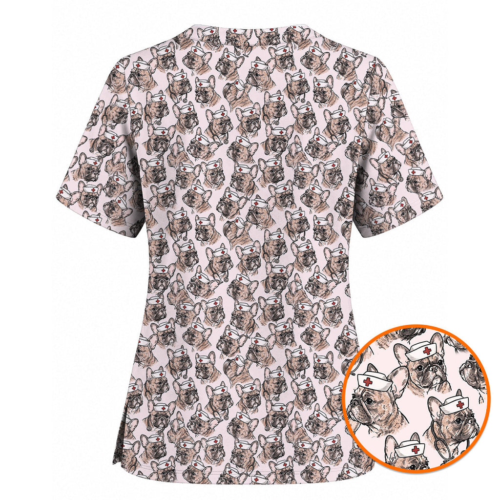 French Bulldog Nurse Scrub Top, Vintage Frenchie Medical Pattern Scrubs for Nurses, Cute Dog Lover Healthcare Gift