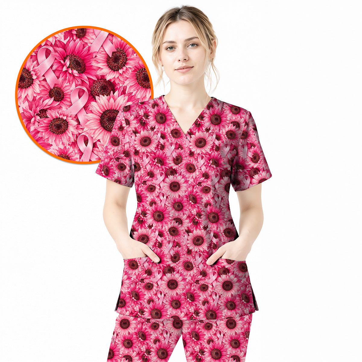 Breast Cancer Awareness Floral Scrub Top, Pink Ribbon Pattern Nurse Scrubs, Breast Cancer Nursing Uniform