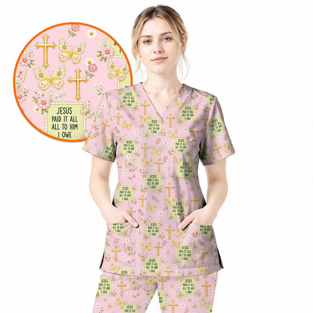 Jesus Paid It All Scrub Top, Christian Butterfly Floral Nurse Scrubs Uniform, Faith Inspired Gift For Nurses