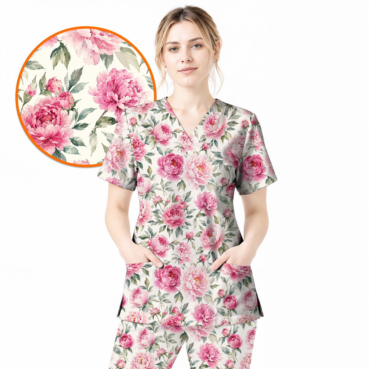 Pink Peony Garden Scrub Top, Watercolor Peony Floral Print Scrubs, Romantic Botanical Nurse Uniform