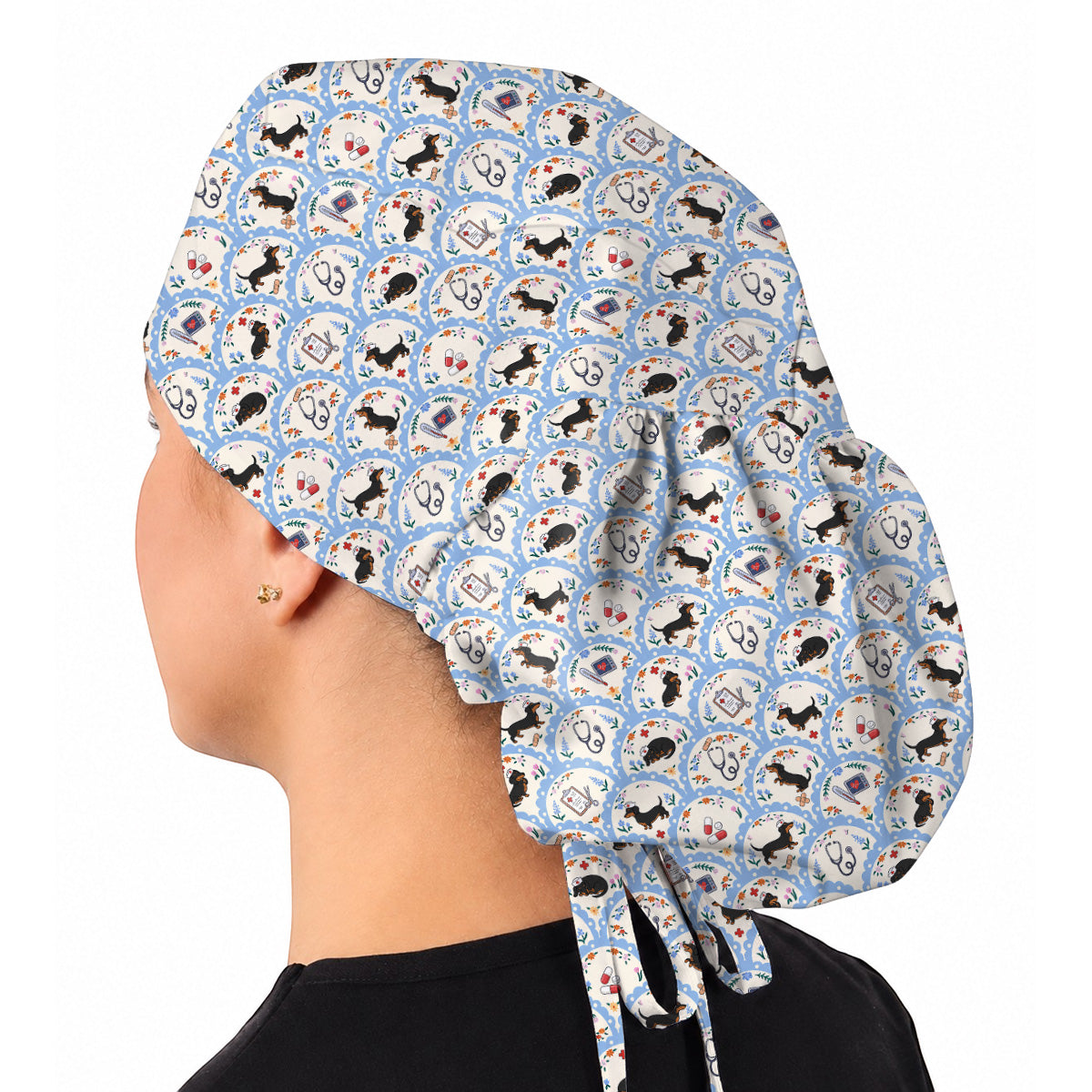 Dachshund Nurse Scrub Cap, Wiener Dog Medical Pattern Scrubs for Nurses, Cute Healthcare Uniform for Dog Lovers
