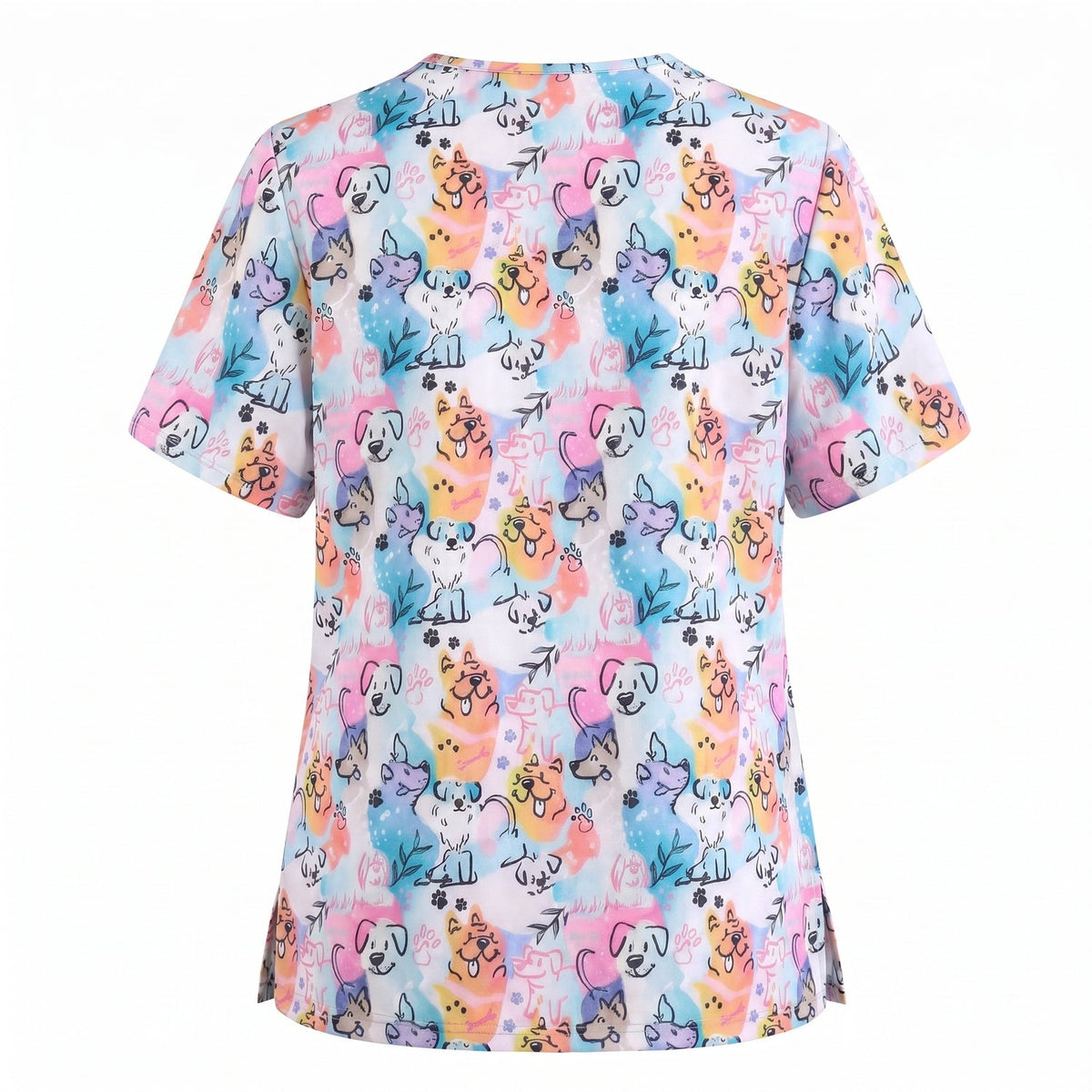Cute Dog Pattern Scrub Top for Women, Colorful Cartoon Dogs Nursing Uniform, Funny Puppy Print Medical Scrub Shirt, Breathable Veterinary & Nurse Scrubs Gift