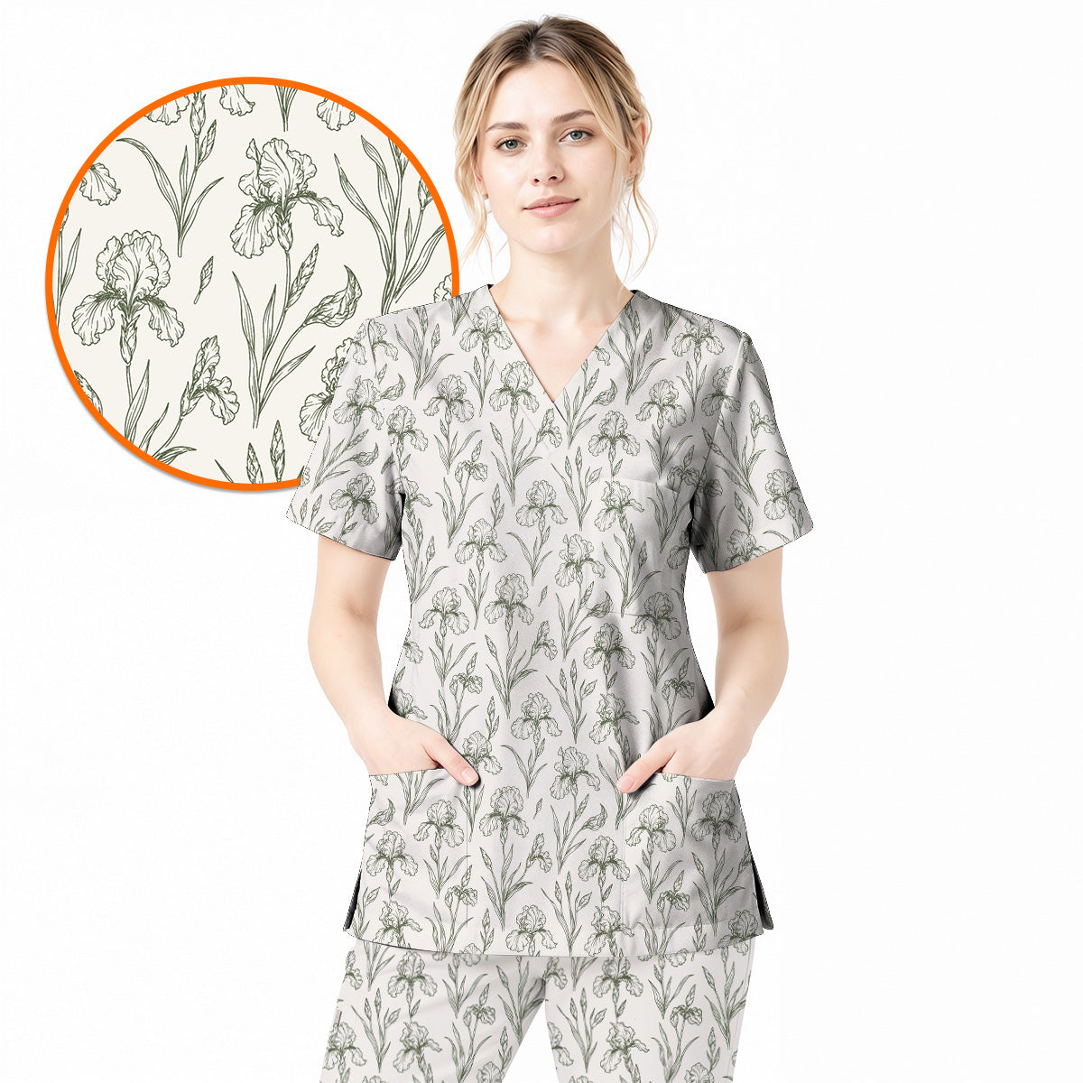Iris Floral Scrub Top, Botanical Iris Print Scrubs, Vintage Flower Nurse Uniform