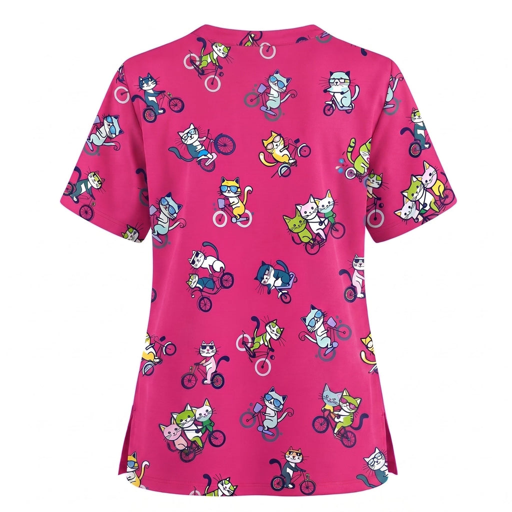 Cat On Wheels Pattern Scrub Top, Funny Cats Scrub Top for Women, Breathable Fabrics Nursing Uniform