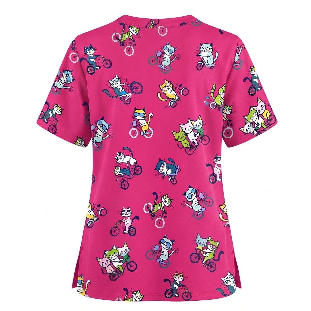 Cat On Wheels Pattern Scrub Top, Funny Cats Scrub Top for Women, Breathable Fabrics Nursing Uniform