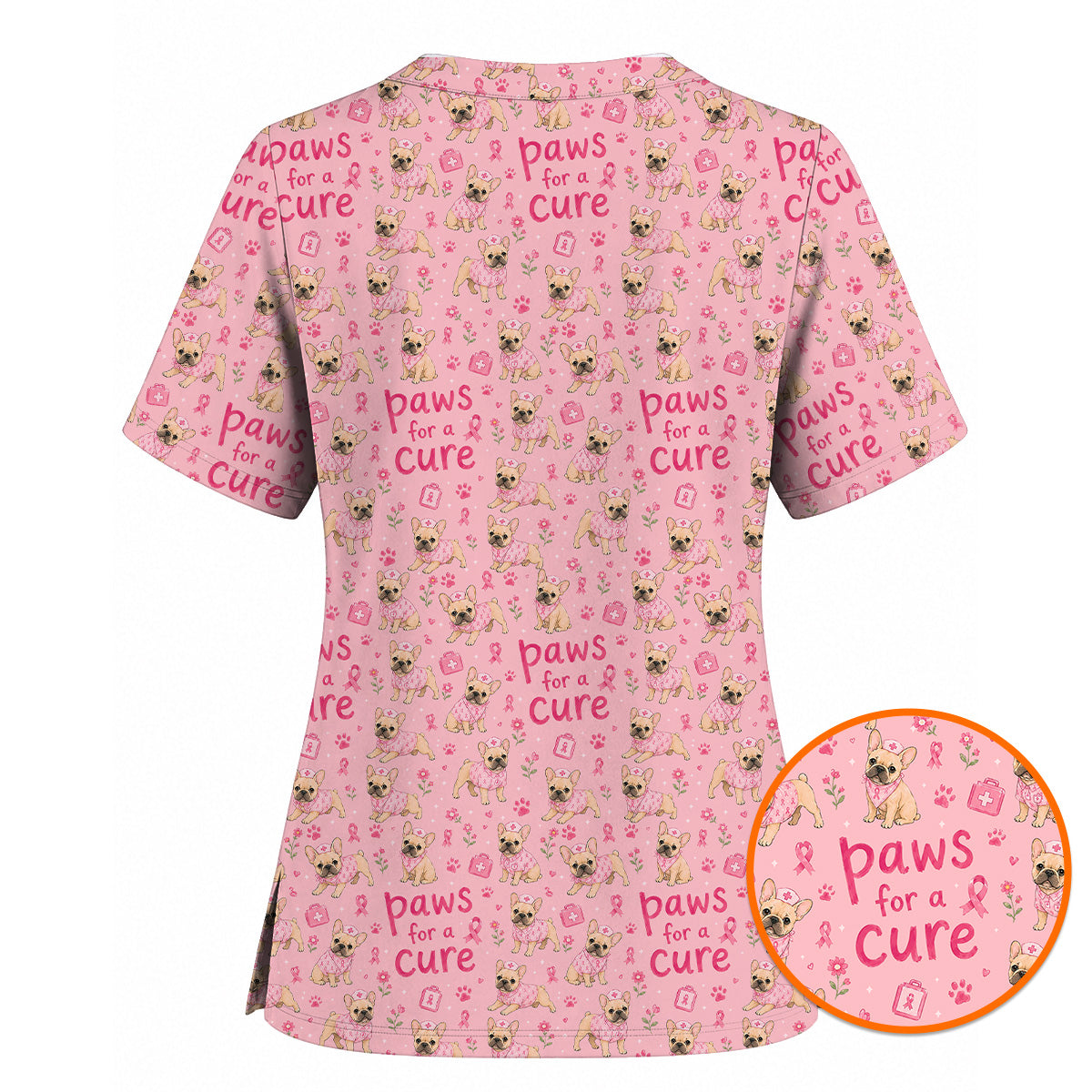 Breast Cancer French Bulldog Scrub Top, Paws for a Cure Nursing Uniform, Pink Nurse Scrubs for Dog Lovers