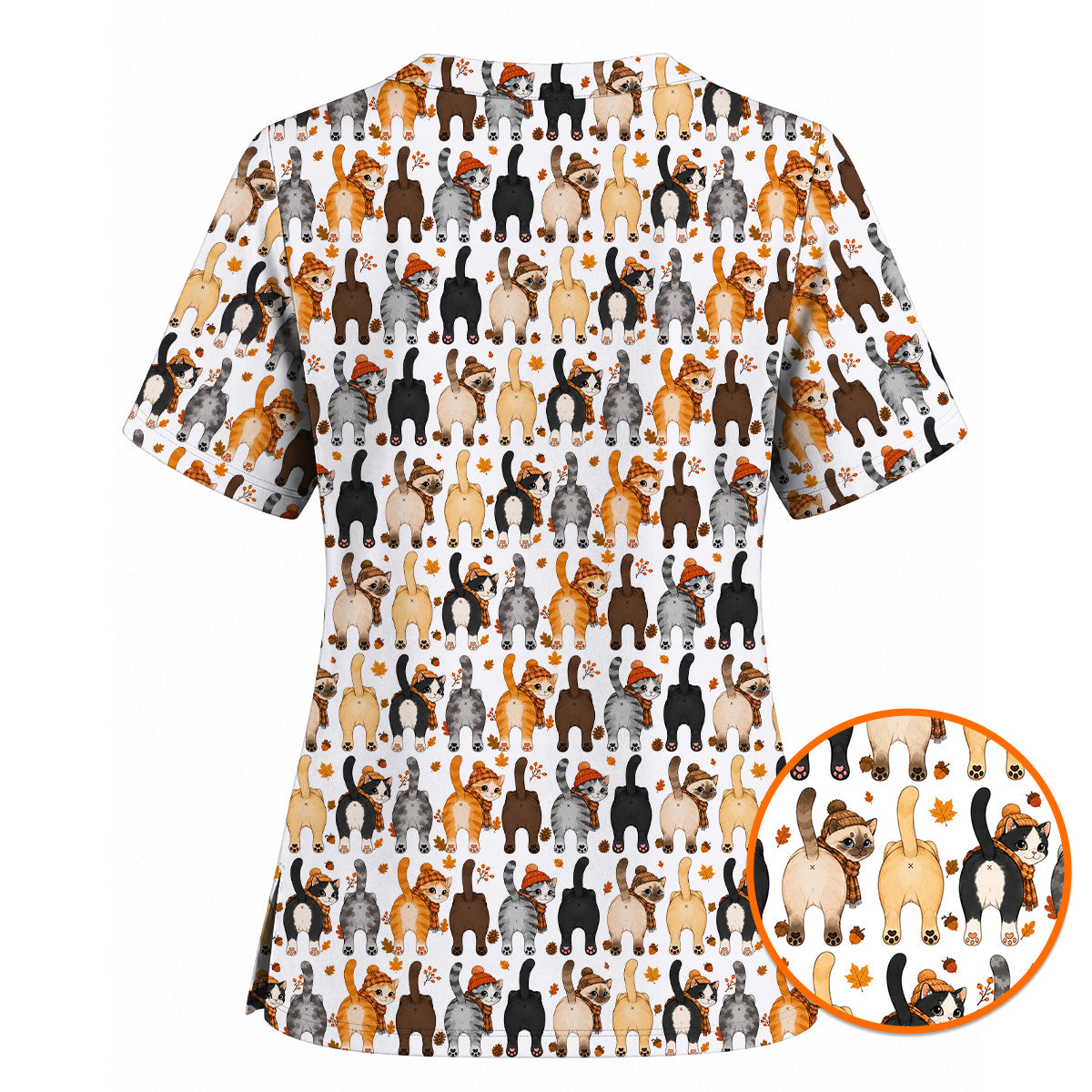 Funny Autumn Cat Scrub Top, Cozy Fall Cat Scrubs Nurse for Cat Lovers, Breathable Fabrics Nursing Uniform