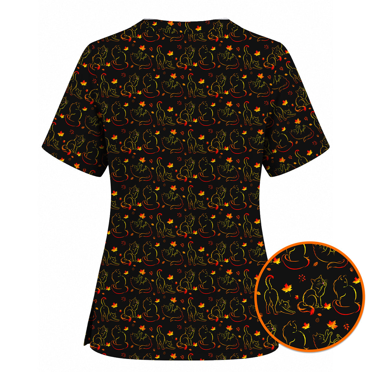 Autumn Black Cat Scrub Top, Fall Cat Nursing Uniform for Cat Lovers, Comfortable Feline Medical Scrubs For Nurse