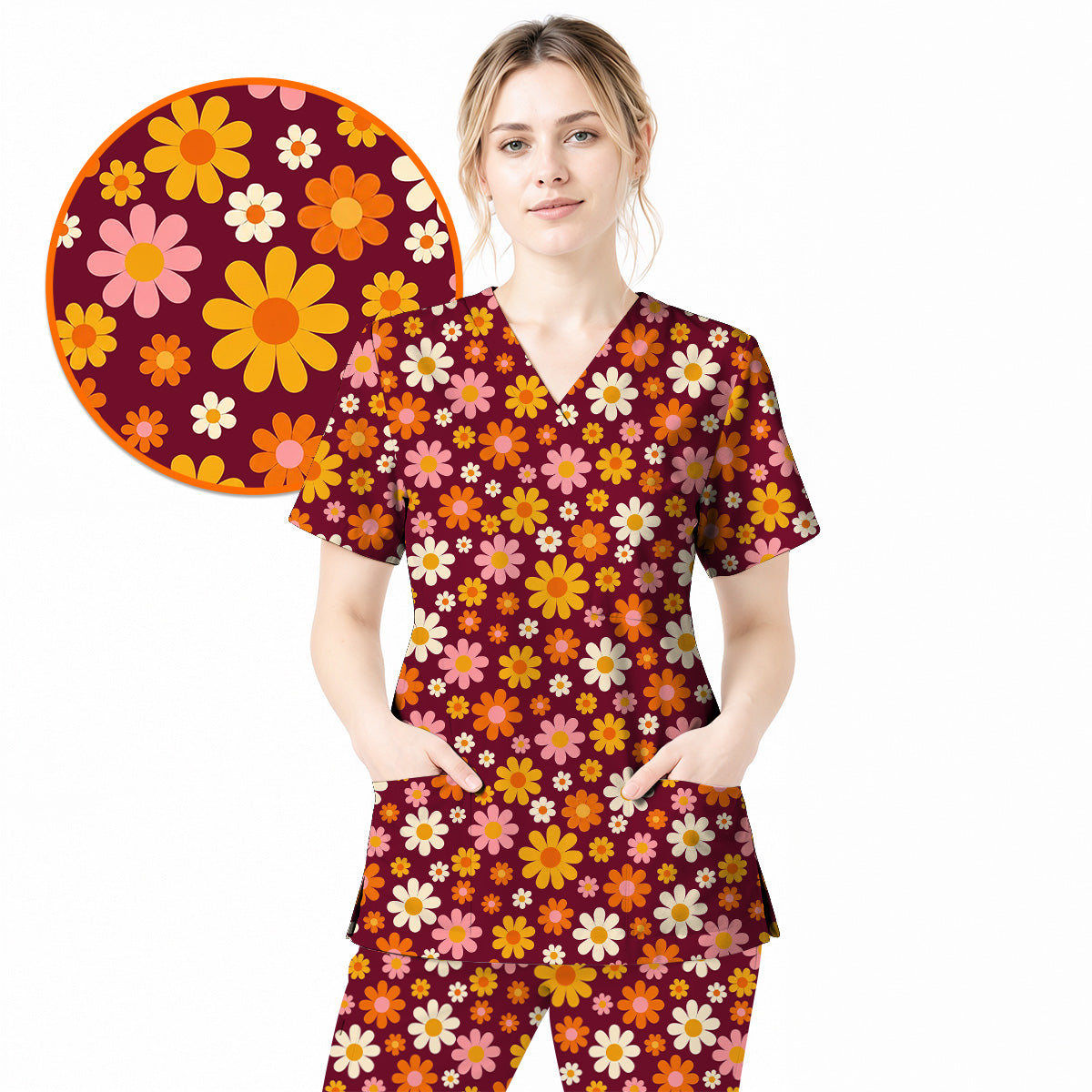 Retro Daisy Scrub Top, Colorful Daisy Floral Nurse Scrubs Uniform, Groovy Flower Gift For Nurses