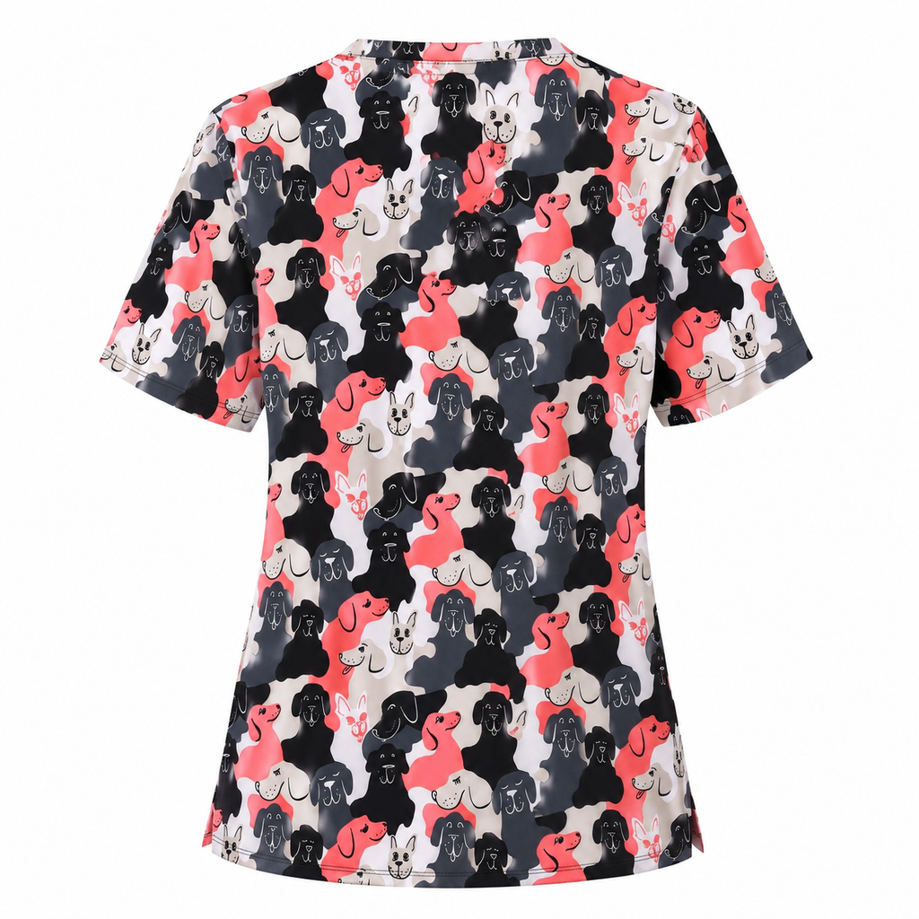 Cute Dog Pattern Scrub Top, Cartoon Puppy Nursing Scrub for Women, Breathable Veterinary Medical Uniform