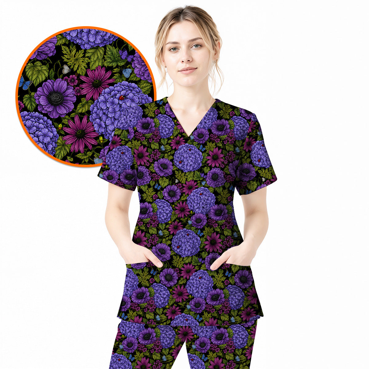 Purple Hydrangea Floral Scrub Top, Dark Botanical Nurse Shirt, Elegant Wildflower Healthcare Uniform