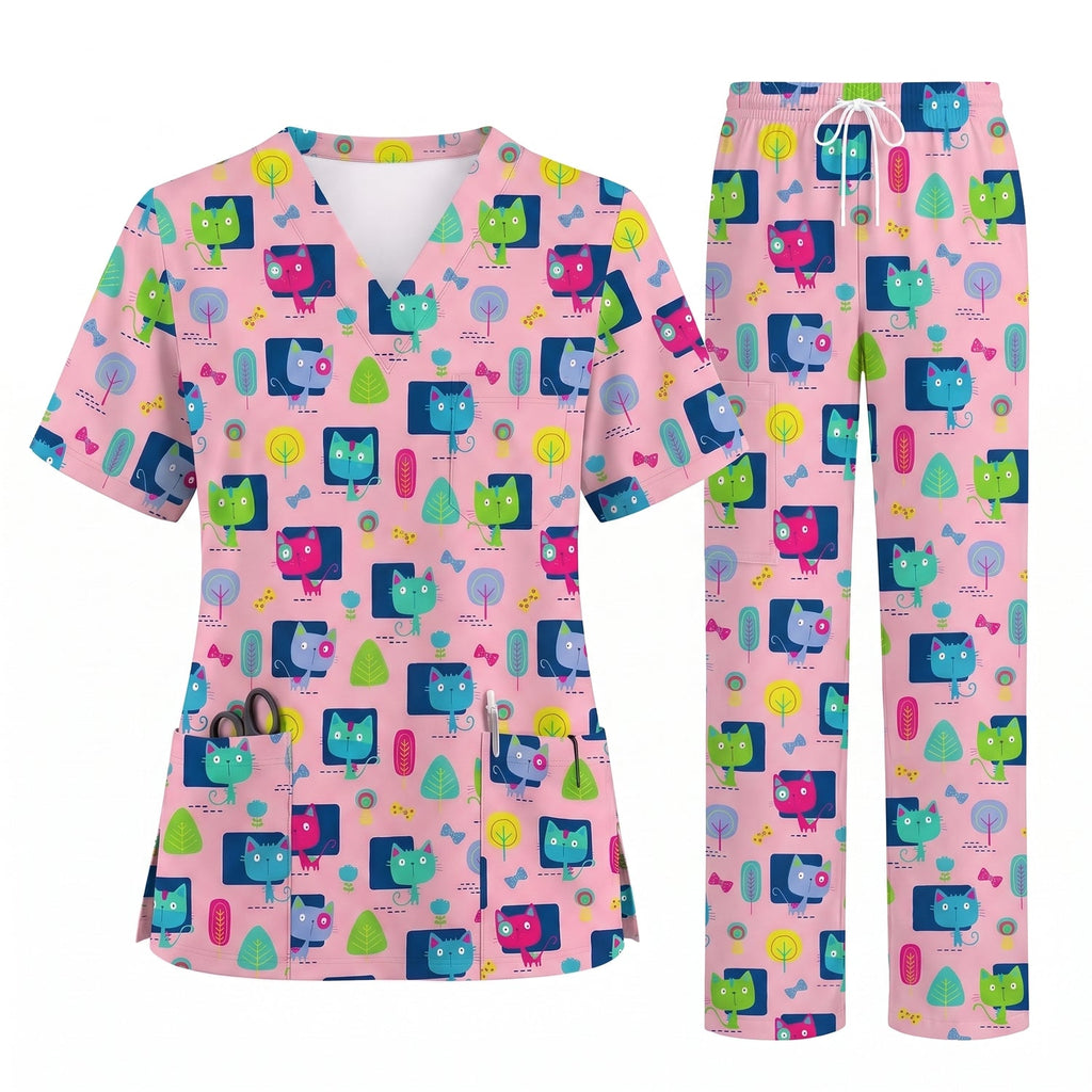 Cute Cat Pattern Scrub Top for Women, Colorful Cartoon Cats Nursing Uniform, Funny Cat Nurse Scrub Shirt, Breathable Medical Scrubs for RN LPN CNA