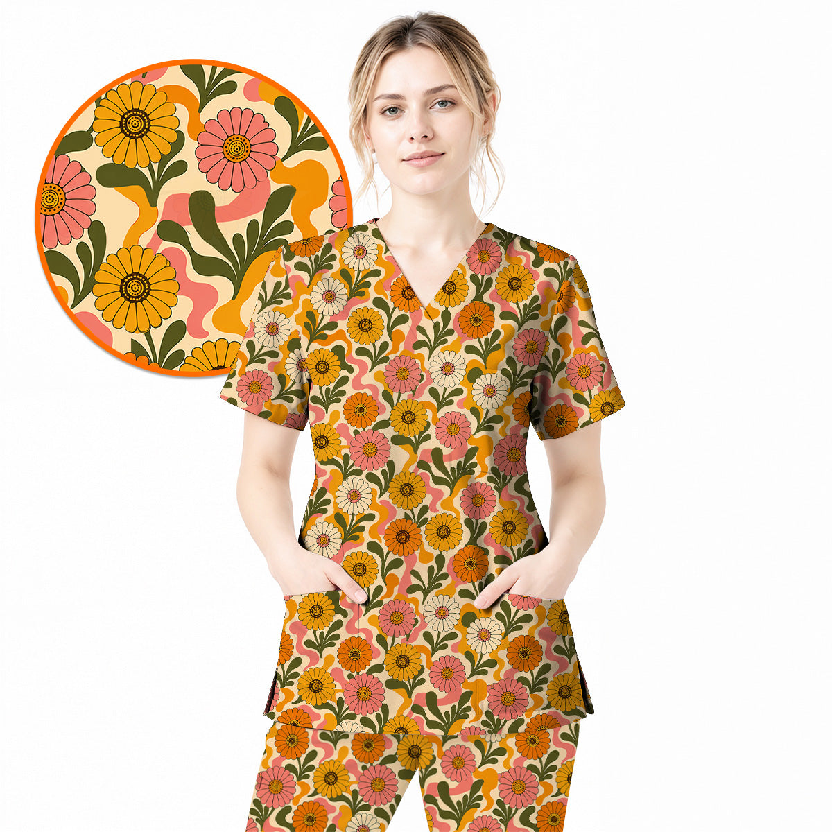 Retro Gerbera Floral Scrub Top, Groovy Gerbera Flower Print Scrubs, Vintage Nurse Medical Uniform