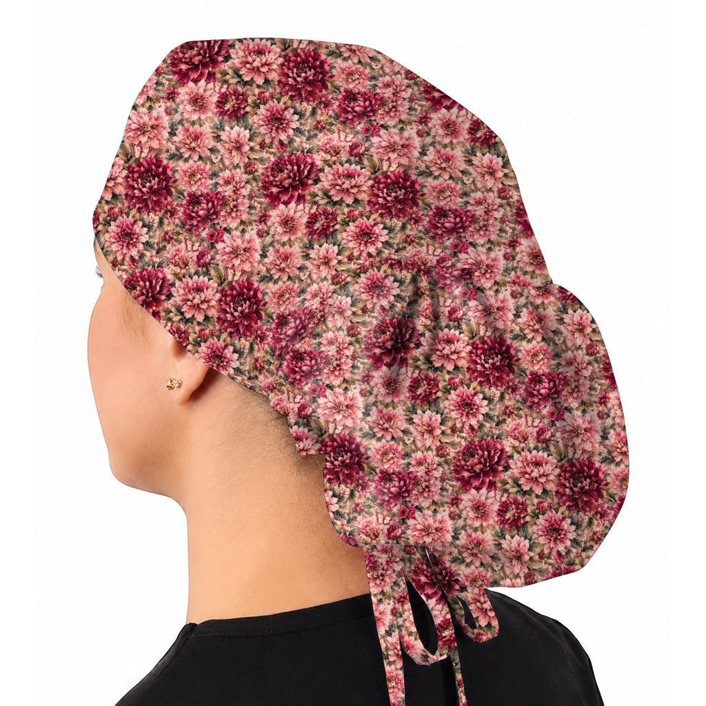Dahlia Floral Scrub Caps, Vintage Dahlia Flower Print Scrubs, Botanical Nurse Cap