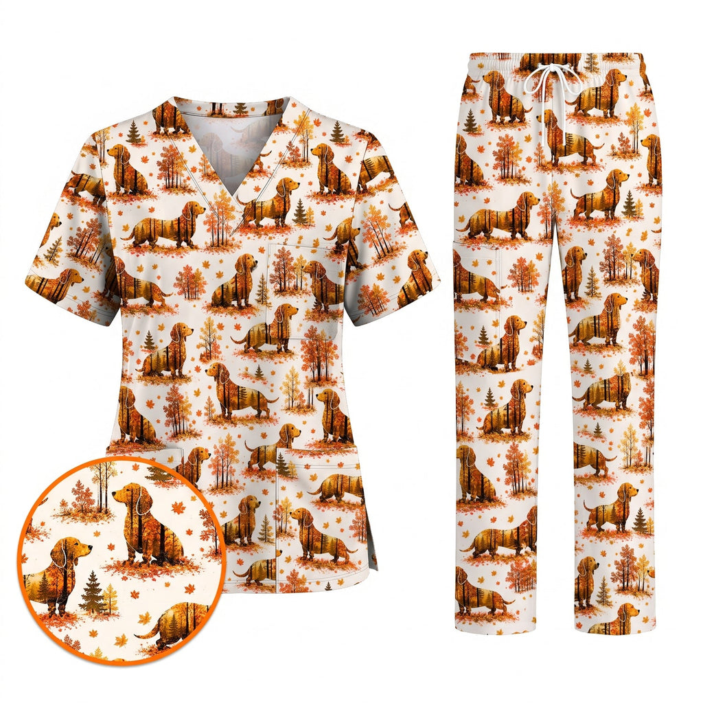 Autumn Dachshund Scrub Top, Fall Wiener Dog Nursing Uniform for Healthcare Workers, Cute Dachshund Nurse Scrubs for Dog Lovers