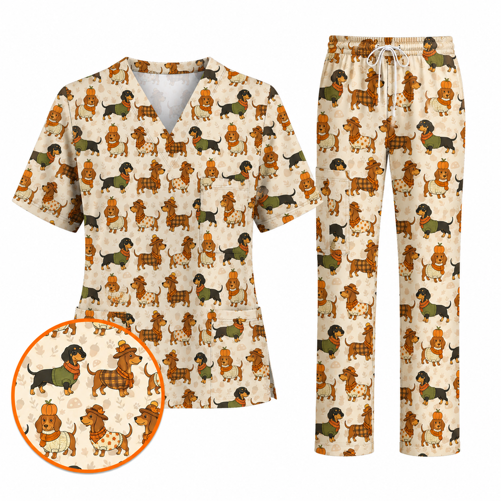Autumn Dachshund Scrub Top, Cute Fall Wiener Dog Nursing Scrubs for Dog Lovers, Breathable Fabrics Nursing Uniform