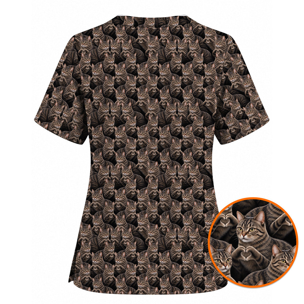 Tabby Cat Pattern Scrub Top, Brown Tabby Cat Nurse Scrubs, Cat Lover Nursing Uniform