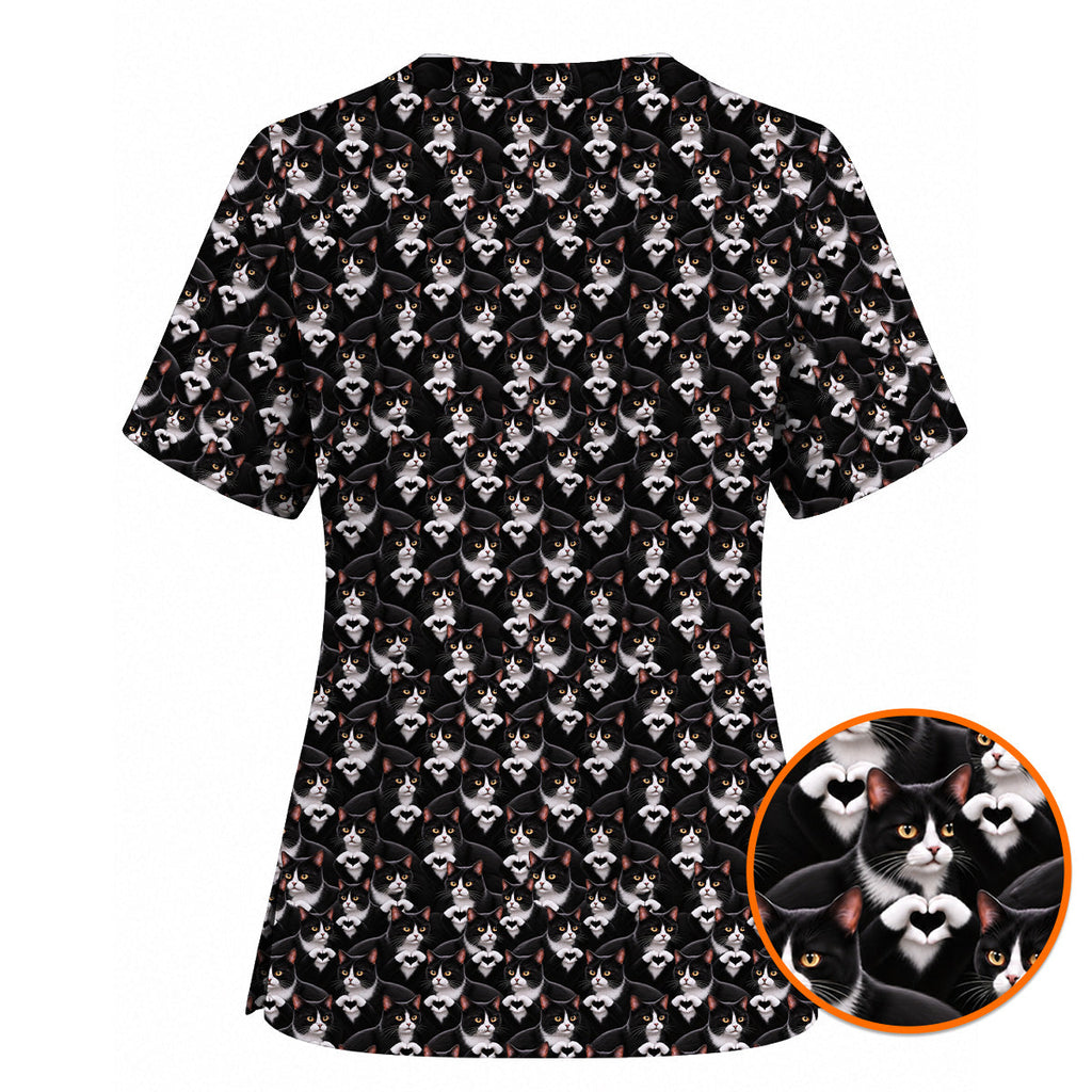 Tuxedo Cat Pattern Scrub Top, Black And White Cat Nurse Scrubs, Breathable Fabrics Nursing Uniform