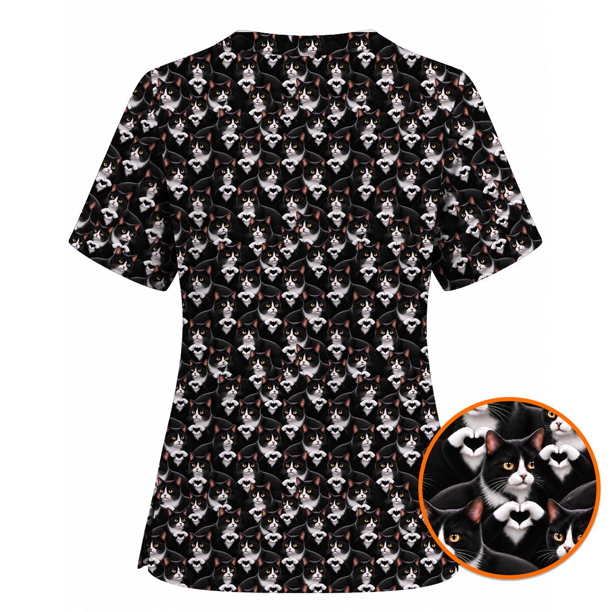 Tuxedo Cat Pattern Scrub Top, Black And White Cat Nurse Scrubs, Breathable Fabrics Nursing Uniform