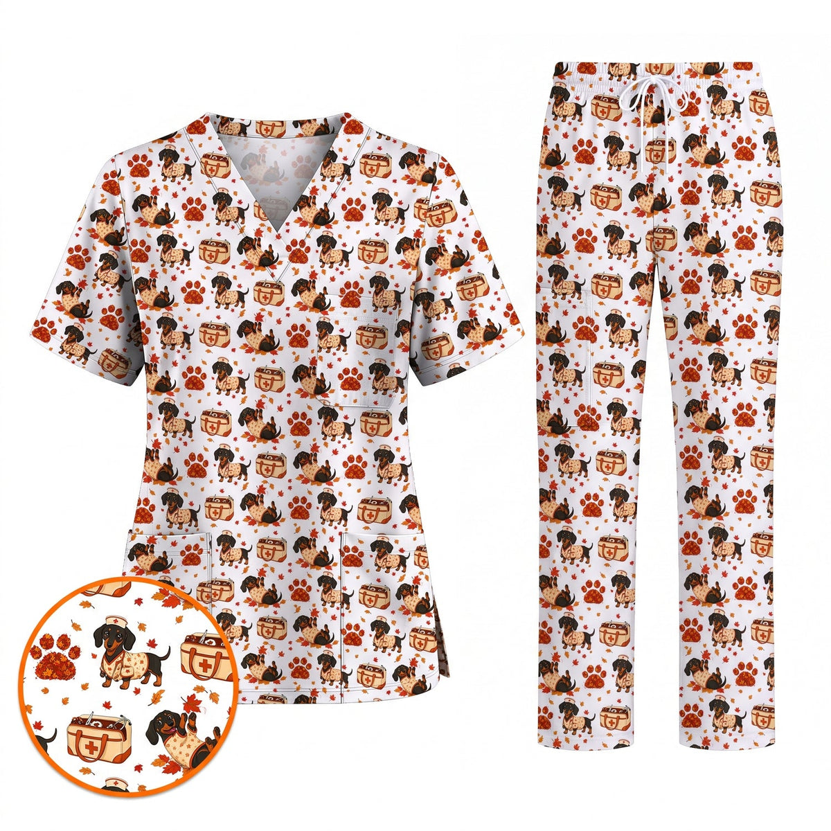 Fall Dachshund Scrub Top, Autumn Wiener Dog Nurse Uniform for Veterinary Professionals, Breathable Fabrics Nursing Scrubs for Dog Lovers