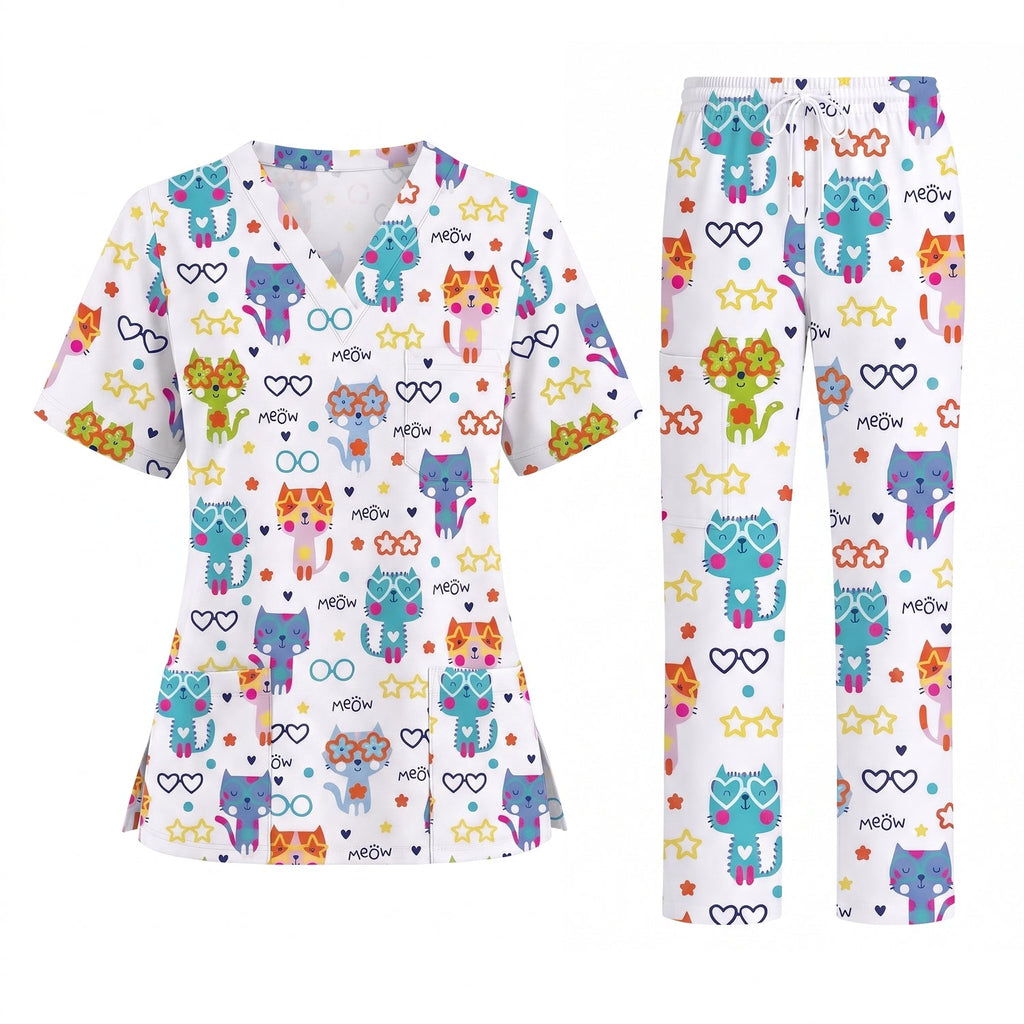 Cat Meow Pattern Scrub Top, Funny Cats Scrub Top for Women, Breathable Fabrics Nursing Uniform