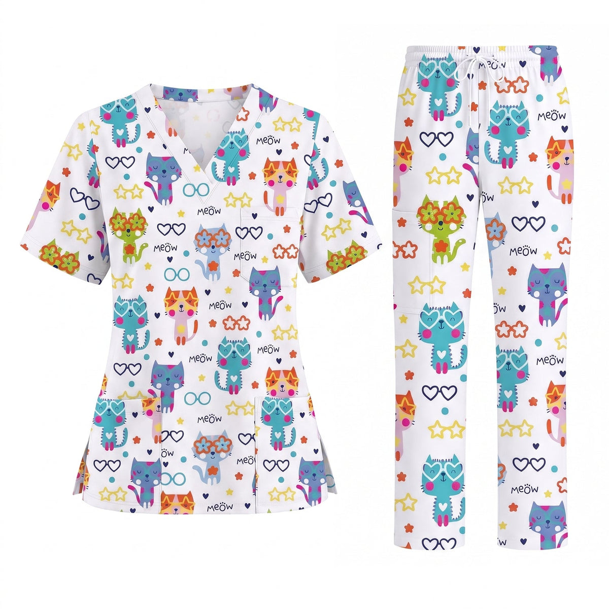 Cat Meow Pattern Scrub Top, Funny Cats Scrub Top for Women, Breathable Fabrics Nursing Uniform