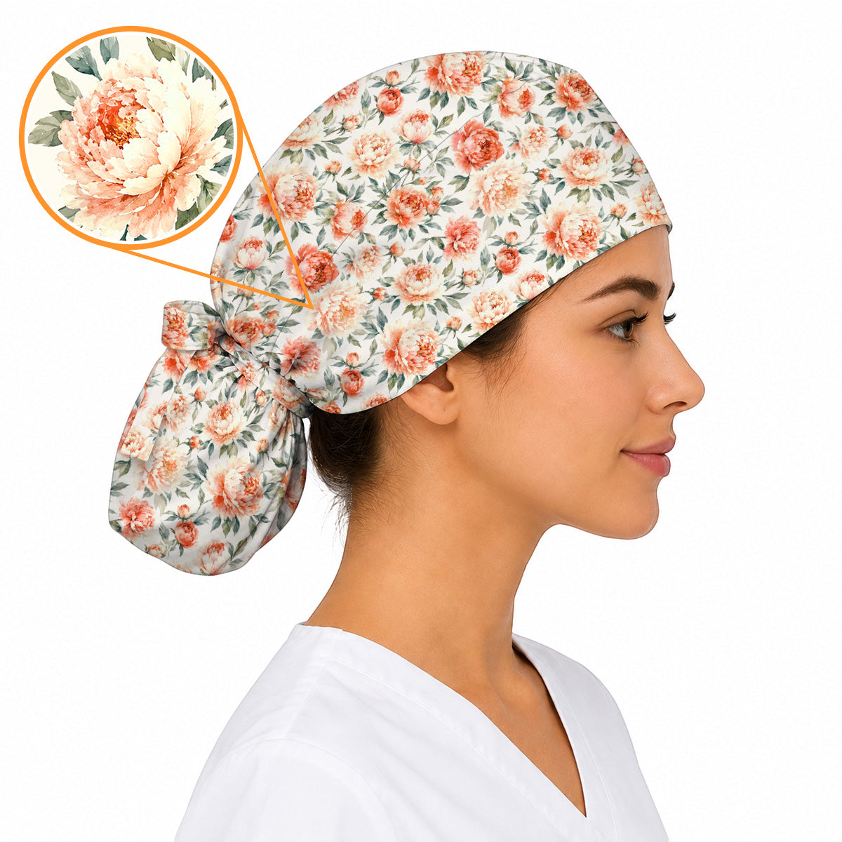 Pink Peony Garden Scrub Cap, Watercolor Peony Floral Print Scrubs, Romantic Botanical Nurse Caps