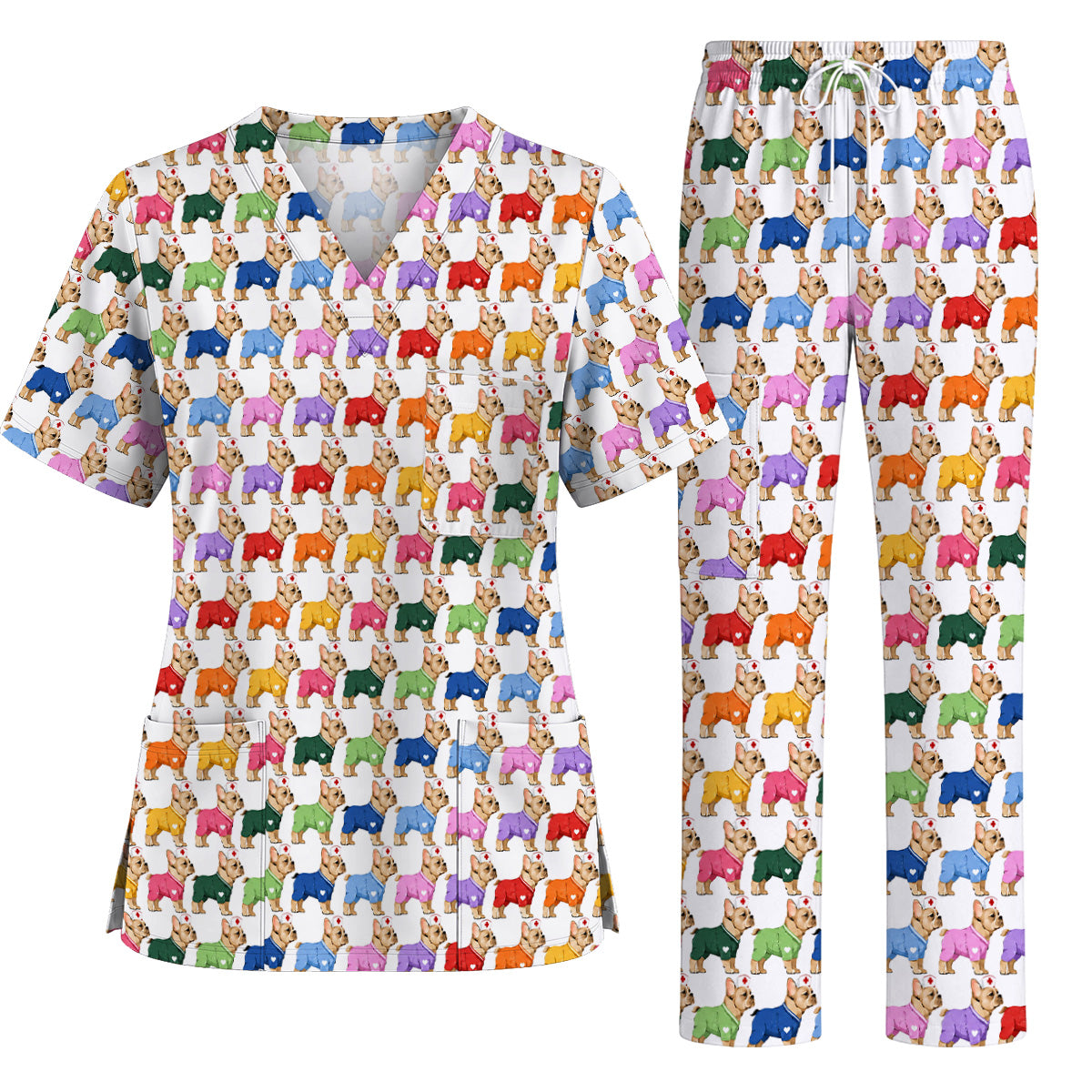 Colorful French Bulldog Nurse Scrub Top, Cute Frenchie Medical Pattern Scrubs for Nurses, Dog Lover Healthcare Gift