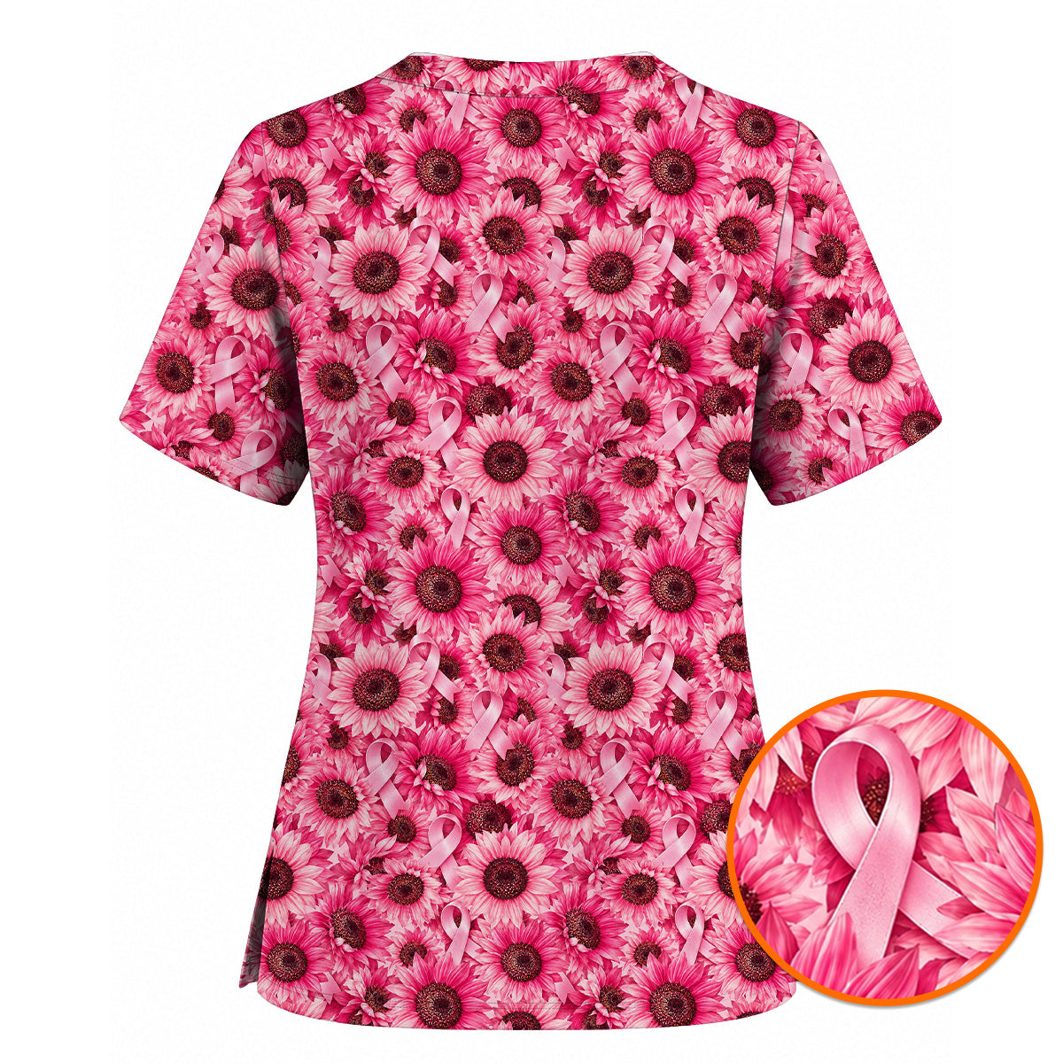 Breast Cancer Awareness Floral Scrub Top, Pink Ribbon Pattern Nurse Scrubs, Breast Cancer Nursing Uniform
