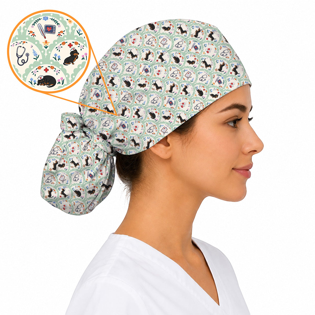 Dachshund Nurse Scrub Cap, Wiener Dog Medical Pattern Scrubs for Nurses, Cute Healthcare Uniform for Dog Lovers