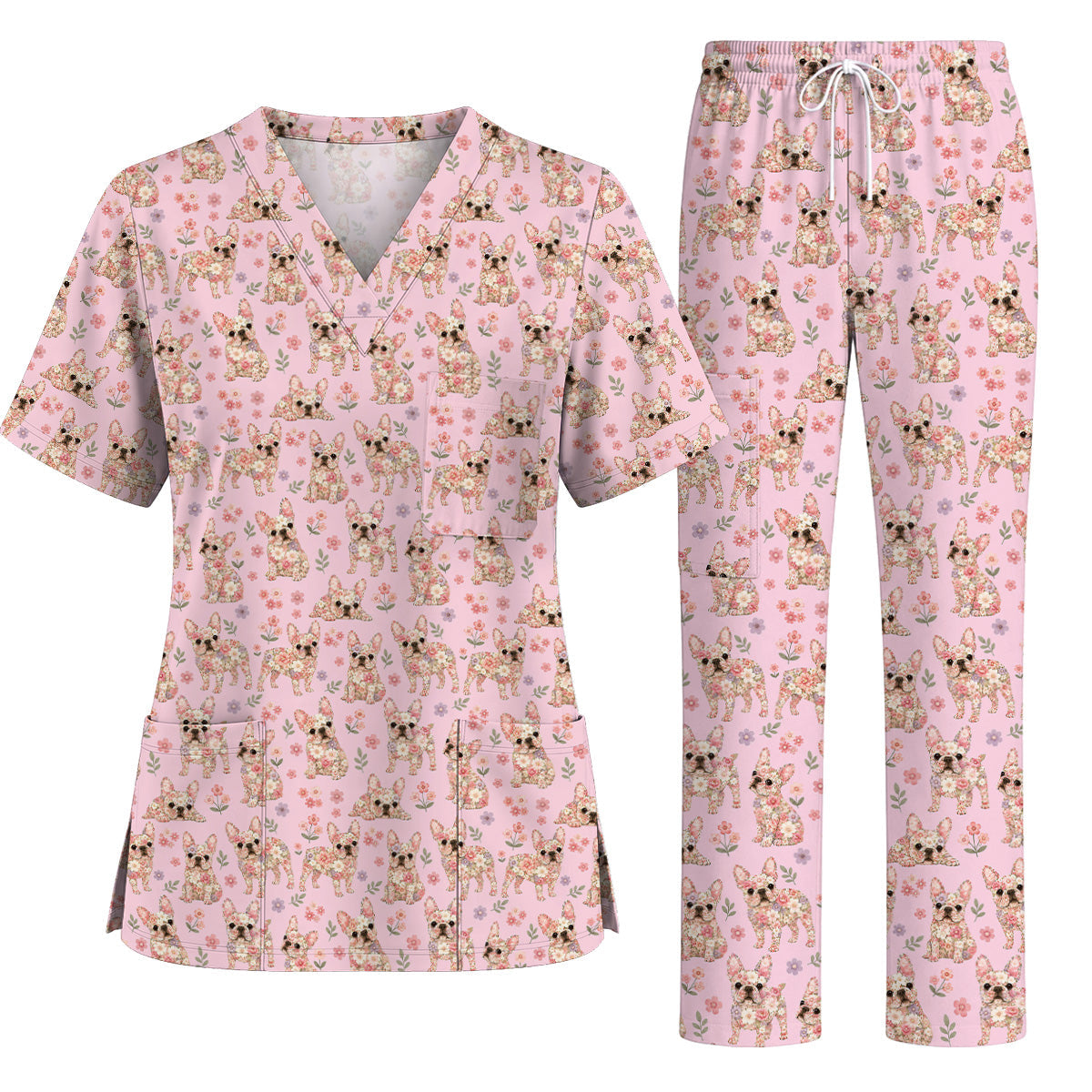 Floral French Bulldog Nurse Scrub Top, Cute Frenchie Flower Pattern Scrubs for Nurses, Dog Lover Healthcare Gift