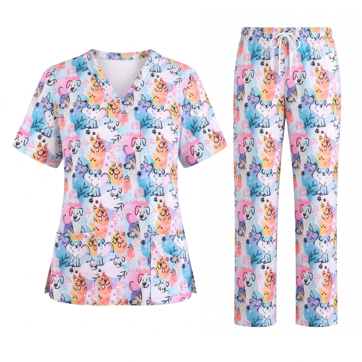 Cute Dog Pattern Scrub Top for Women, Colorful Cartoon Dogs Nursing Uniform, Funny Puppy Print Medical Scrub Shirt, Breathable Veterinary & Nurse Scrubs Gift