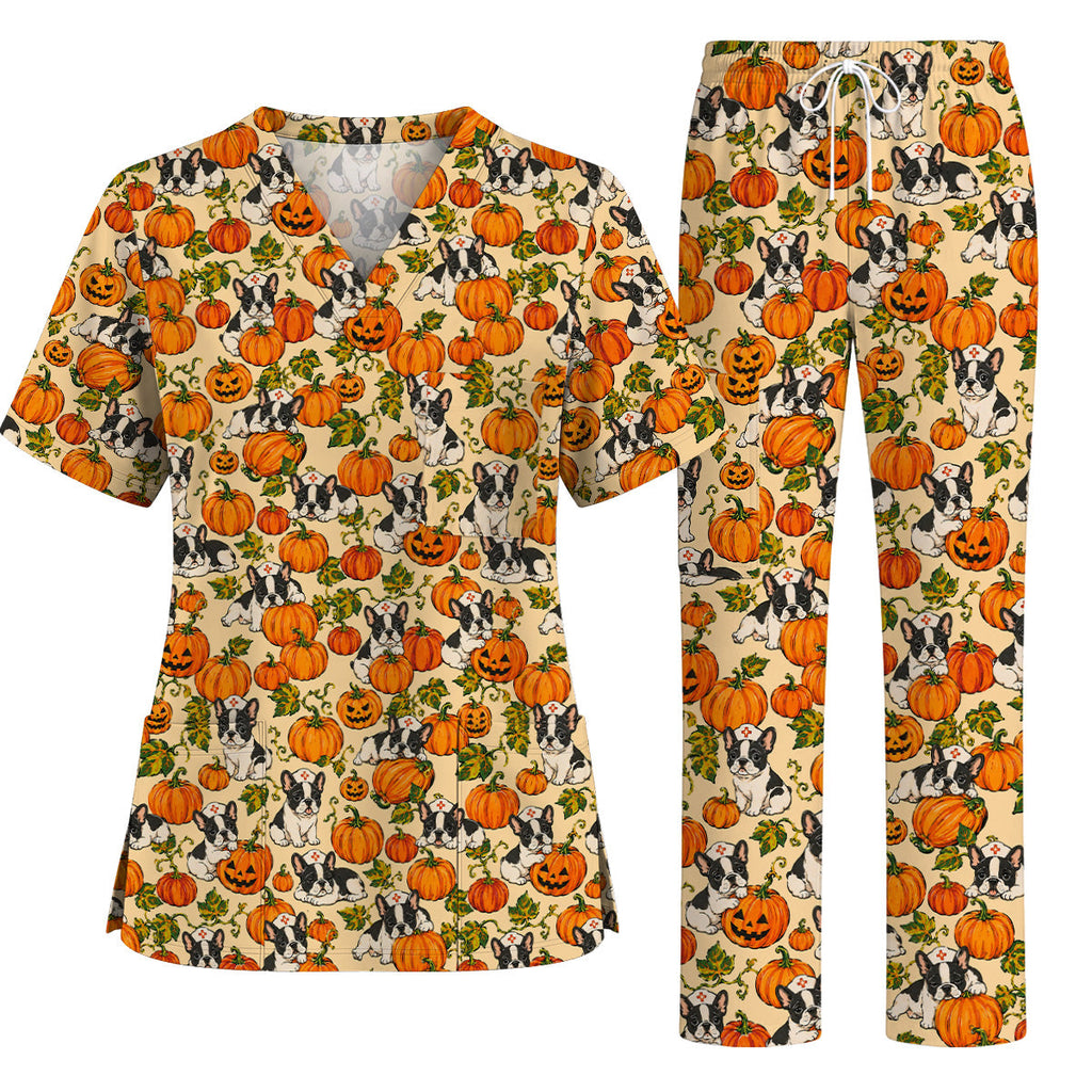 French Bulldog Halloween Nurse Scrub Top, Pumpkin Frenchie Pattern Scrubs, Cute Fall Dog Scrub Shirt for Nurses